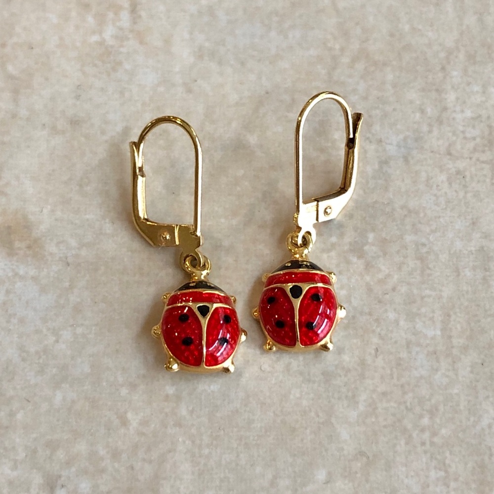 14K Yellow Gold Red Lady Bug Earrings